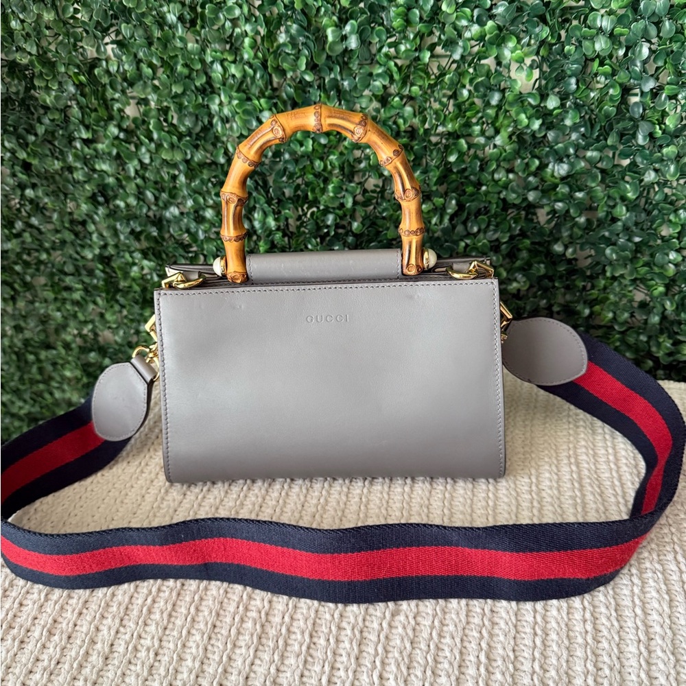 Gucci Mini Nymphaea Bamboo Top Handle Bag Gray Leather - Picture 14 of 15